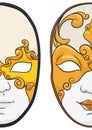 Split male and female Volto masks with golden decoration, Vector illustration