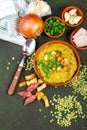Split pea soup in rustic bowl decorated with fresh green leaves, garlic, onion and slices of lard Royalty Free Stock Photo