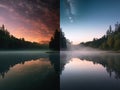 A split photo of a lake with trees and a sky filled with stars. AI generative image. Royalty Free Stock Photo