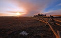 Split Rail Fence at sunrise above Lost Water Canyon in the Pryor Mountains Wild Horse range on the Montana Wyoming state line Royalty Free Stock Photo