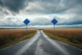 A split road with blue signs pointing in different directions, symbolizing the choice between left and right Ai photo Royalty Free Stock Photo