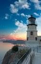 Split Rock Lighthouse Sunset with Moon Royalty Free Stock Photo