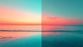 Split Screen Beach Sunset Ocean Waves Reflecting Pink Sky and Teal Water Royalty Free Stock Photo