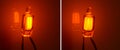 Split screen closeup of glow lamp on dark background, the left lamp is supplied with direct current. Only the negetive electrode