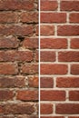 Split screen comparison of heritage masonry repointing lime on red brick wall Royalty Free Stock Photo