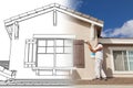 Split Screen of Drawing and Photo of House Painter Painting Home