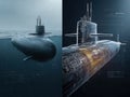 Split-screen graphic comparing external and internal views of a modern navy gray submarine The left half shows the hull, conning Royalty Free Stock Photo