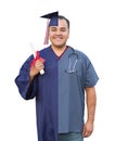 Split Screen of Hispanic Male As Graduate and Nurse Isolated On White Royalty Free Stock Photo