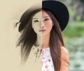 Split screen, sepia black and white and color, beautiful thoughtful young Chinese Asian woman