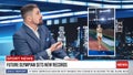 Split Screen TV News Live Report: Anchor Talks. Reportage Montage: Young Beautiful Sports Women Sets Royalty Free Stock Photo