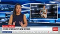 Split Screen TV News Live Report: Anchorwoman Talks. Reportage Montage: Young Beautiful Sports Women Royalty Free Stock Photo