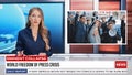 Split Screen TV News Live Report: Anchorwomen Talks. Reportage Montage: Female Newscaster Covers A
