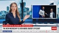 Split Screen TV News Report: Anchorwomen Talks. Reportage Montage: Female Newscaster Reviews Tech