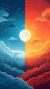 Split sky with moon, stars, blue night clouds on one side, and red sunset clouds on the other Royalty Free Stock Photo