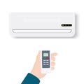 Split system air conditioner.Realistic conditioner with hand holding remote control. Vector illustration isolated on