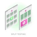 Split testing isometric vector icon. Comparing A and B web pages with different elements to identify better user convenience Royalty Free Stock Photo