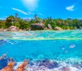 Split underwater view of Anse Royal shore