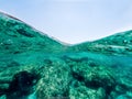 Split underwater view of a rocky sea bed under a blue sky