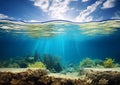 Split underwater view with sea bottom and sky background view.Macro.Ai Generative Royalty Free Stock Photo