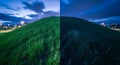 a split view of a grassy hill at dusk and night, contrasting light and shadow with city lights in the background under a cloudy sk Royalty Free Stock Photo
