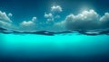 Split view horizon of blue sky with clouds and sunlight and blue underwater ocean, with copy space