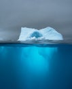 Split view of an iceberg showing above and below the water line. Underwater iceberg. Antarctica. Arctic Greenland