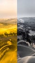 Split view of a landscape, contrasting colors and textures Royalty Free Stock Photo