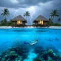 Split View of Luxury Tropical Overwater Bungalows During Thunderstorm with Free Diver and Coral Reef Underwater Royalty Free Stock Photo