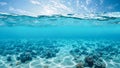 split view of the ocean with the underwater view showing coral reefs and sandy sea floor Royalty Free Stock Photo