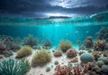 A split view serene underwater sea bottom contrasted with the stormy surface above. Ideal for illustrating the duality of nature,