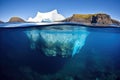 a split view shot showing an iceberg above and below the water surface