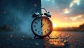 Split view shows clock during day, night. Concept daylight saving time. Clock face shows time. Daytime side displays sunset sky. Royalty Free Stock Photo