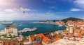 Split waterfront and Marjan hill aerial view, Dalmatia, Croatia. Panoramic summer cityscape of old medieval city Split, Croatia, Royalty Free Stock Photo