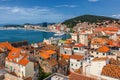 Split waterfront and Marjan hill aerial view, Dalmatia, Croatia. Panoramic summer cityscape of old medieval city Split, Croatia, Royalty Free Stock Photo