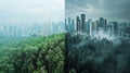 A splitscreen image with a forest on one half and a city skyline on the other. The text reads Reducing carbon emissions Royalty Free Stock Photo
