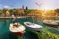 Splitska village with beautiful port and seagull's flying over the village, Brac island, Croatia. Fishing boats in Splitska