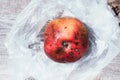 Spoiled bad red apple on plastic bag background. Garbage dump rotten food. Top view. Copy space. Rotten vegetables and fruits