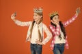 Spoiled children concept. Egocentric princess. Kids wear golden crowns symbol princess. Warning signs of spoiled child Royalty Free Stock Photo