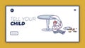 Spoiled kids discipline landing page. Naughty boy make mess with table, breakfast and tablecloth