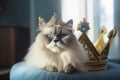 Spoiled Ragdoll cat with white fur and blue eyes wearing a crown. Generative AI