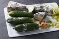 Spoiled rotten foods with mold: cucumbers, hard cheese, parsley and half a lemon on gray background, close-up Royalty Free Stock Photo