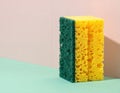 Sponge Block Standing Tall on Light Green Surface Against a Pink Wall Backdrop Royalty Free Stock Photo