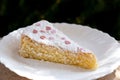 Sponge cake with cream and white chocolate decorate. Sliced piece of cake on white plate. Served on wooden table. Favorite dessert Royalty Free Stock Photo