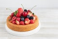 Sponge cake dessert with fresh sumer fruits on table
