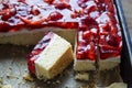 Cake with yoghurt and lemon layers with strawberries and jelly