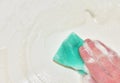 Sponge with detergent and foam while cleaning bathroom or toilet. Wash dishes and plumbing. Abrasive sponges for wash of dirty on
