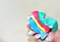 Sponge with detergent and foam while washing. Cleaning Kitchen, bathroom or toilet. Wash dishes and plumbing. Abrasive sponges for