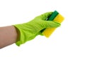 Sponge for dishes in a female hand in a green glove isolated on a white background. Copy space Royalty Free Stock Photo