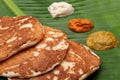 Sponge dosa with Coconut chutney, Red chutney and green chutney, South Indian Dish Royalty Free Stock Photo