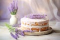 Sponge lavender cream cake with berry cream adorned with a fresh lavender branch on sunny light background. Generative